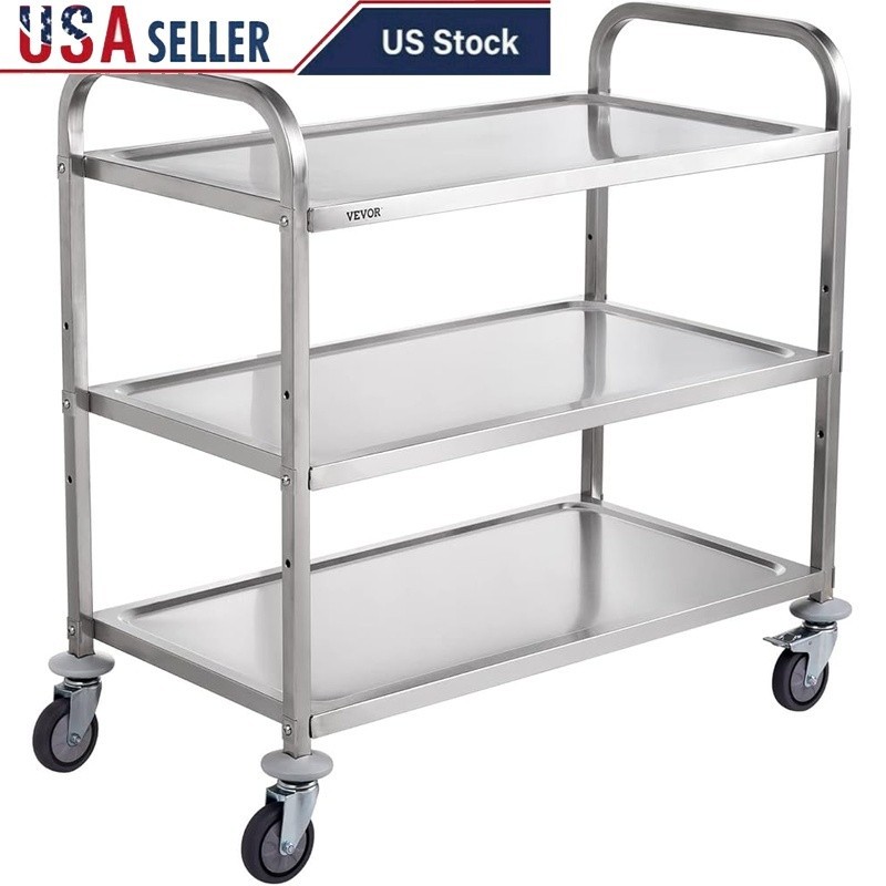 Adjustable 3-Tier Utility Cart Heavy Duty Stainless Steel Trolley W/ Wheels New