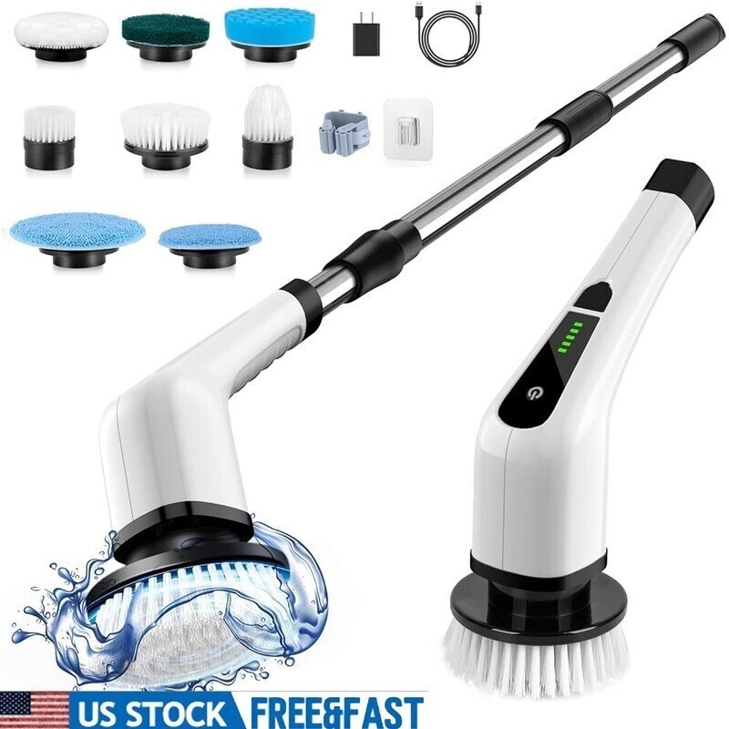 Cordless Electric Spin Scrubber 8 Brush Heads 90Min Runtime Adjustable Handle US