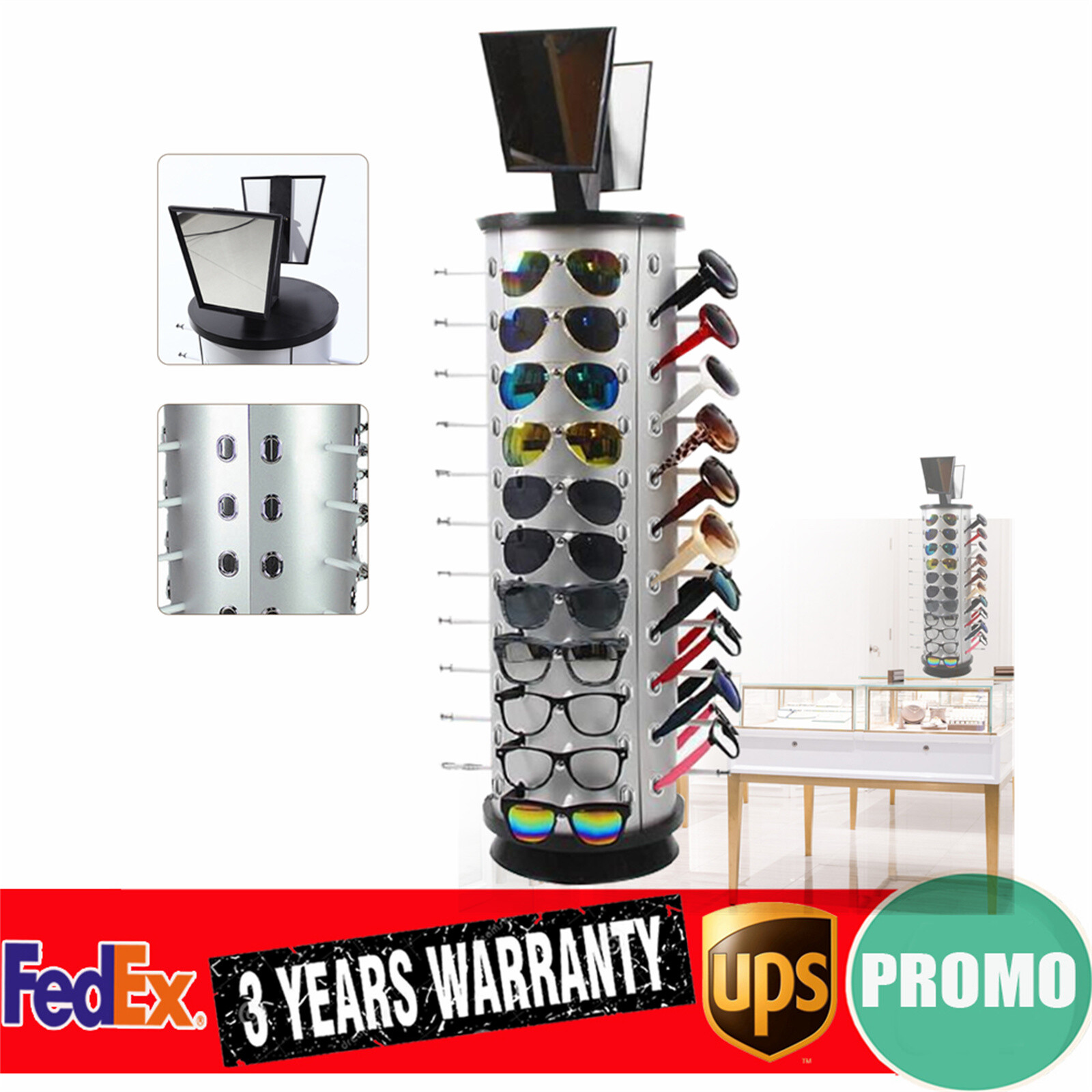 44 Pair Sunglasses Display 360° Rotating Rack Glasses Holder Stand w/ Mirror US