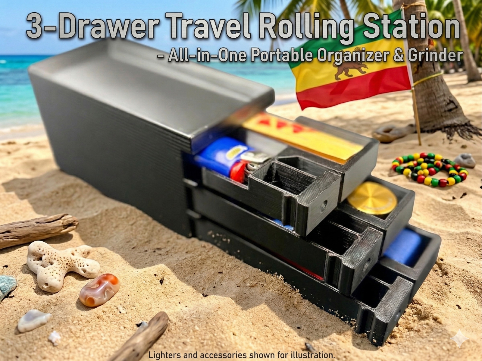 3-Drawer Travel Rolling Station -All-in-One Portable Tobacco Organizer & Grinder