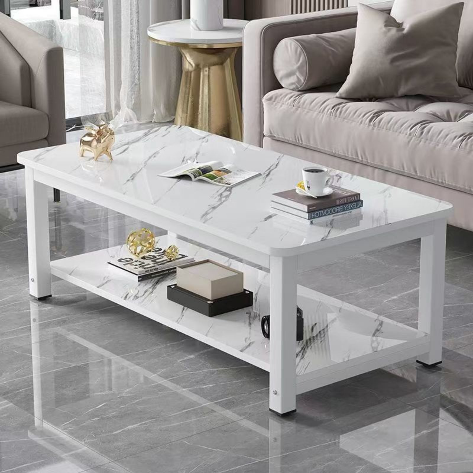 2-Tier Rectangular Table Simulated Marble Top Household Furniture Modern Design