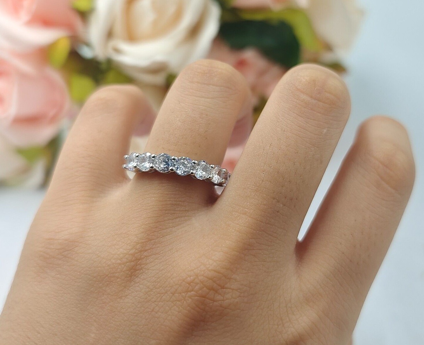 Art Deco Half Eternity Stackable Wedding Round Ring CZ 925 Sterling Silver 4mm