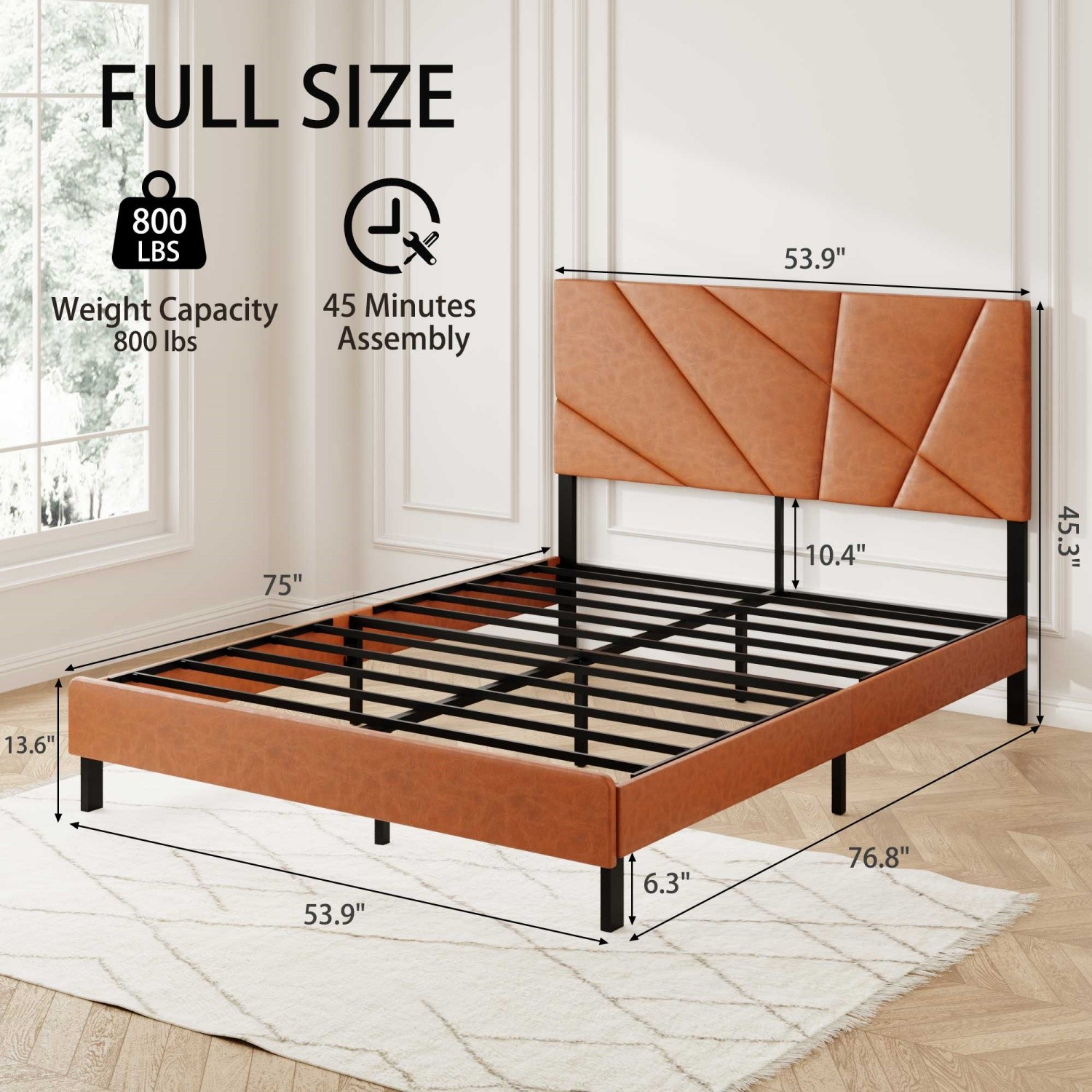 Full/Queen/King Size Platform Bed Frame with Leather Upholstered Headboard