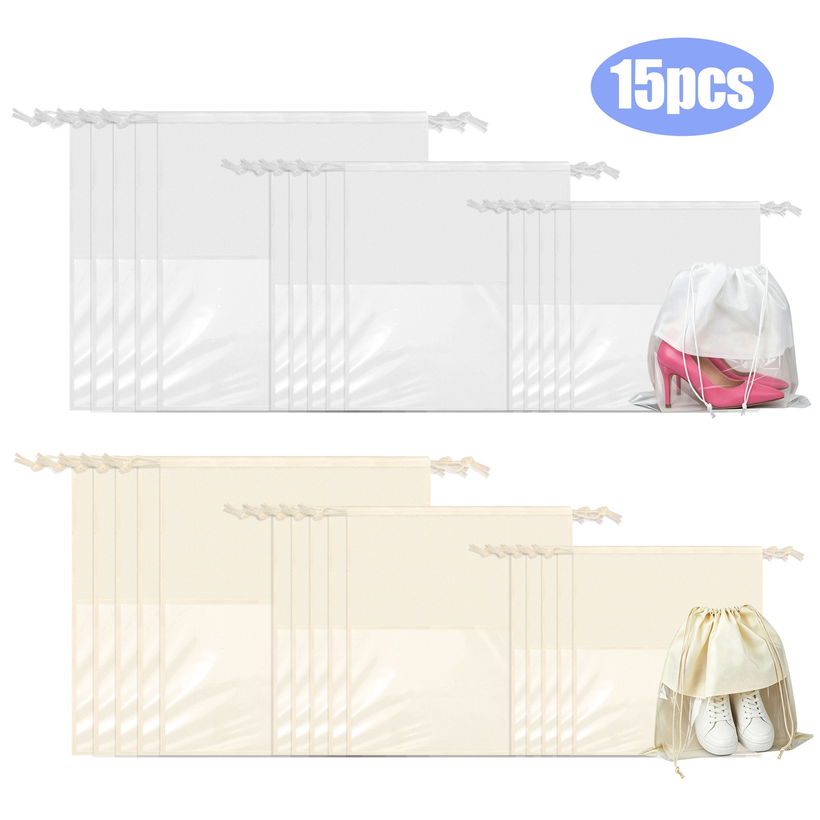 15PCS Dust Bags for Handbags Clear Purse Storage Covers Drawstring 3 Size Travel