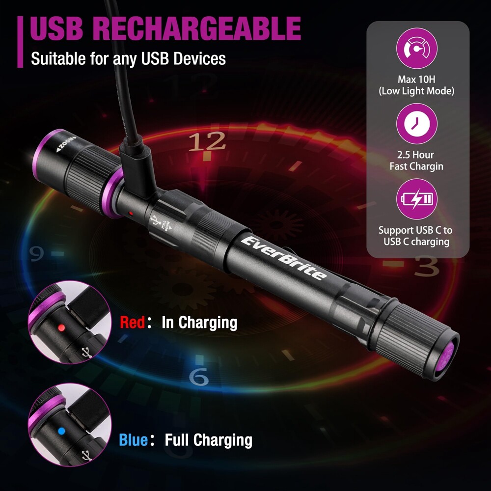 EverBrite Rechargeable Pen Flashlight with UV Light and White Light 4 Mode New
