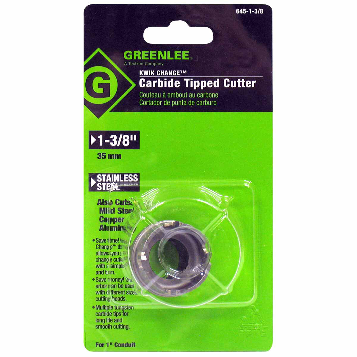 Greenlee 645-1-3/8 1-3/8" Quick Change SS Carbide-Tipped Hole Cutter