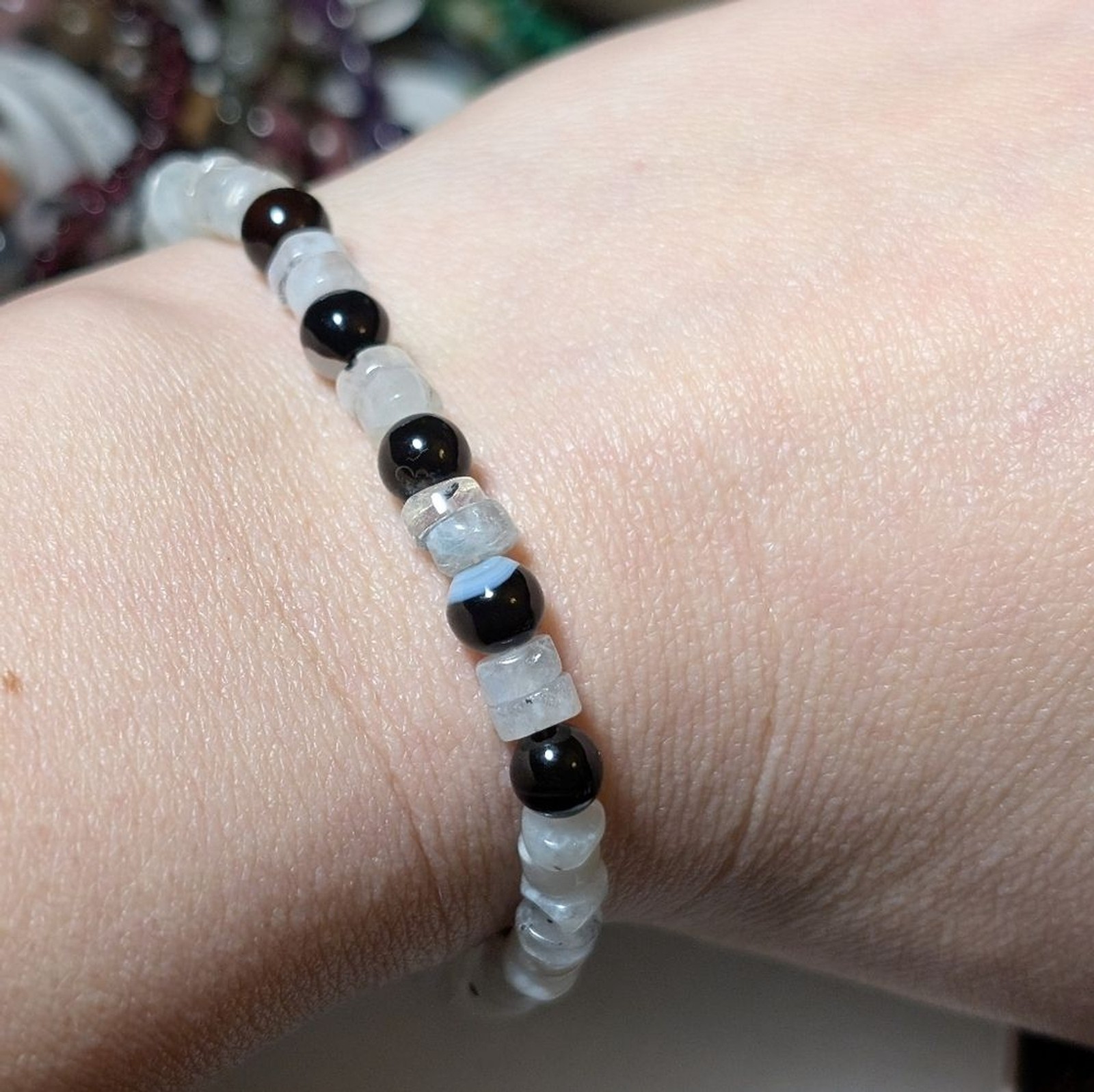 Moonstone And Black Agate Stretch Bracelet
