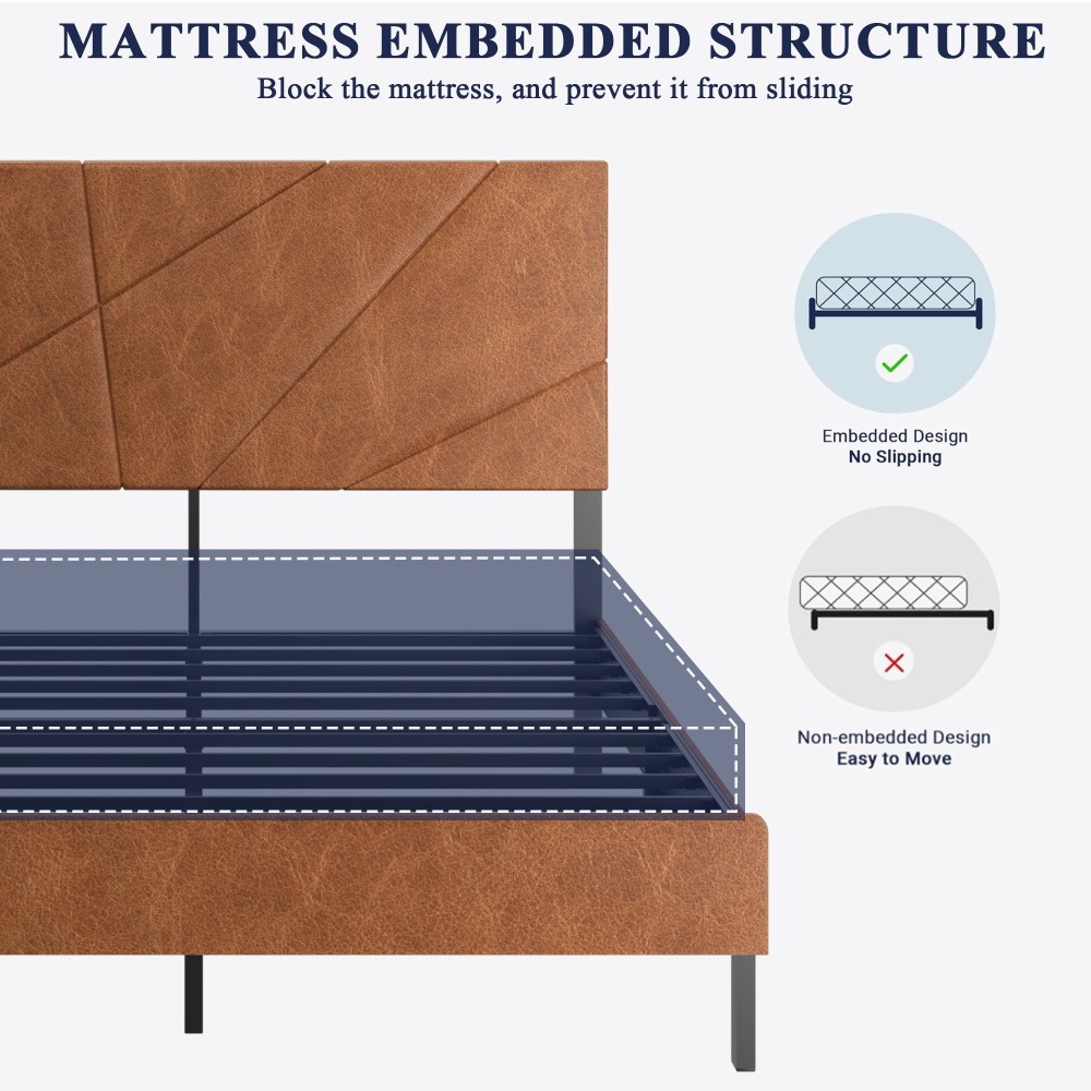 King Size Bed Frame Metal Platform w/ Upholstered Headboard & Under-Bed Storage