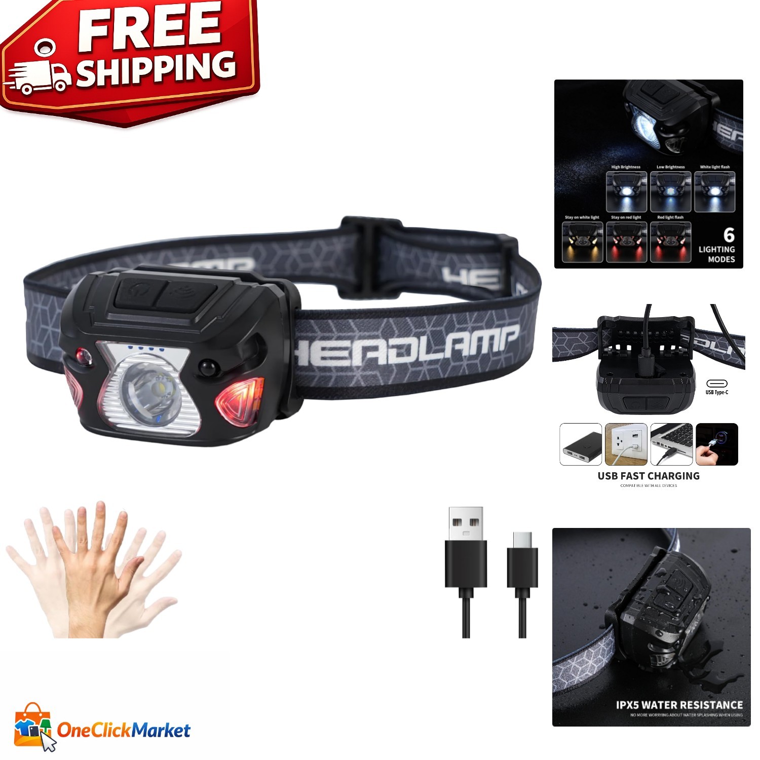 Rechargeable Waterproof Headlamp, 1000 Lumens, 6 Modes - Ideal for Outdoor Ad...