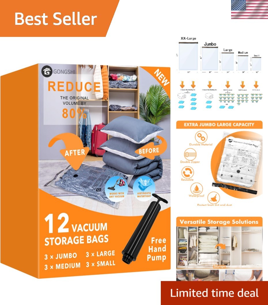 Reusable Vacuum Storage Bags - 12 Pack with Compressor & Protection Against Dust