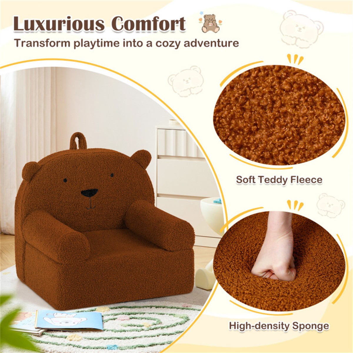 Kids Sofa Bear Shaped Teddy Fleece Foam Chair for Toddlers 3+ Portable Brown