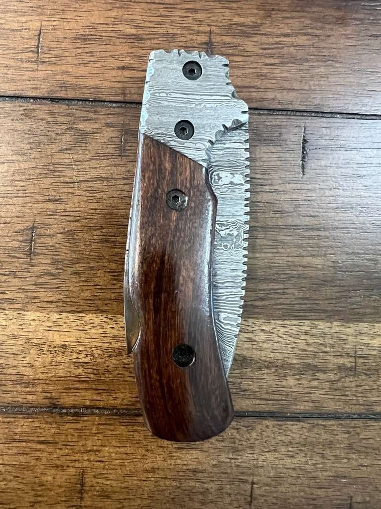 CUSTOM HANDMADE DAMASCUS WOOD HANDLE FOLDING KNIFE W/ PREMIUM SHEATH 29