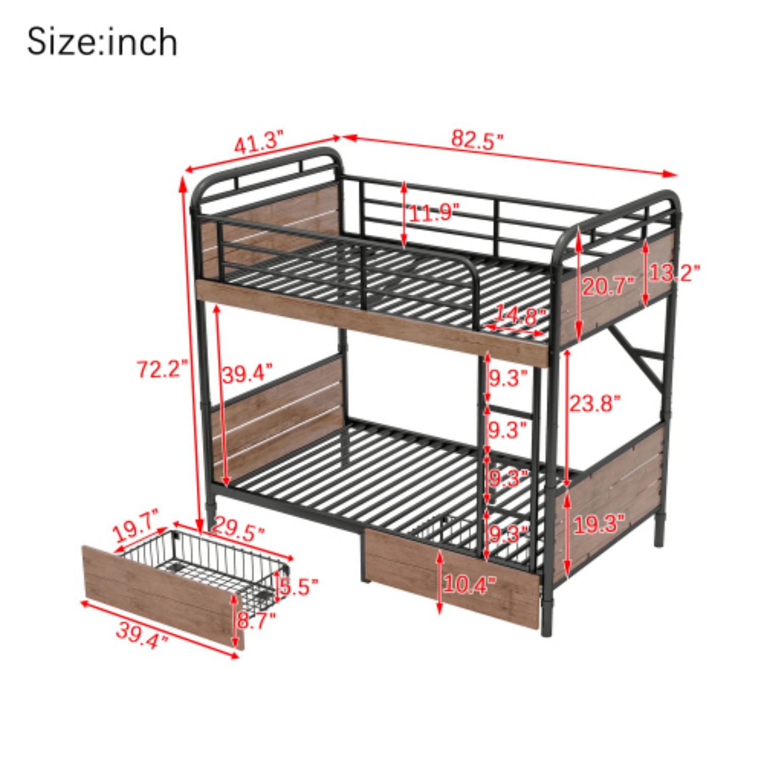Twin XL Over Twin XL Metal Bunk Bed Converts to 2 Beds w/ 2 Drawers & LED Light