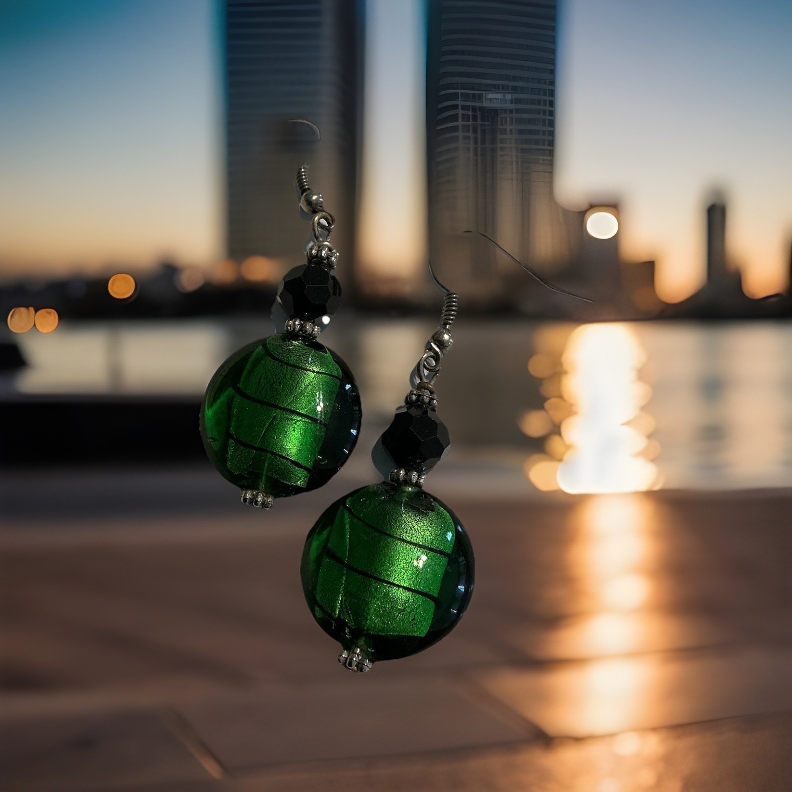 Pretty Green  Art Glass Dangle Earrings .75 X 1.25” - Black Lined & Beaded