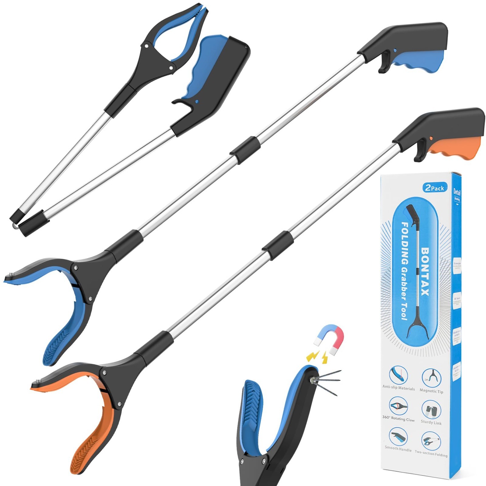 32" Long Handle Grabber Reacher Tool - 2 Pack, Easy Grip, Foldable, Magnetic Tip