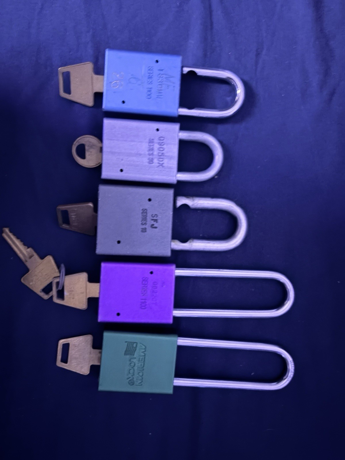 American Lock  Lot of 5 Keyed Different Padlocks, 3 1100s, 30,and 10 series