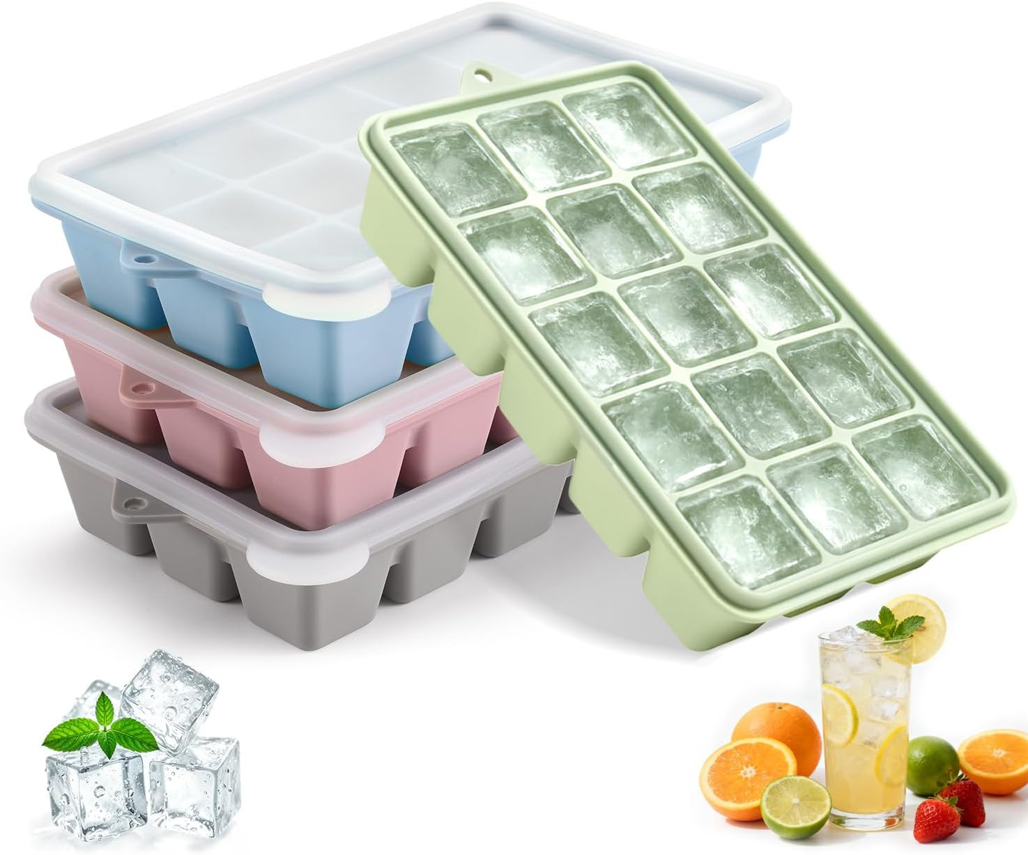 4-Pack Silicone Ice Cube Trays with Lid, Easy Release Ice Cube Molds, Reusable