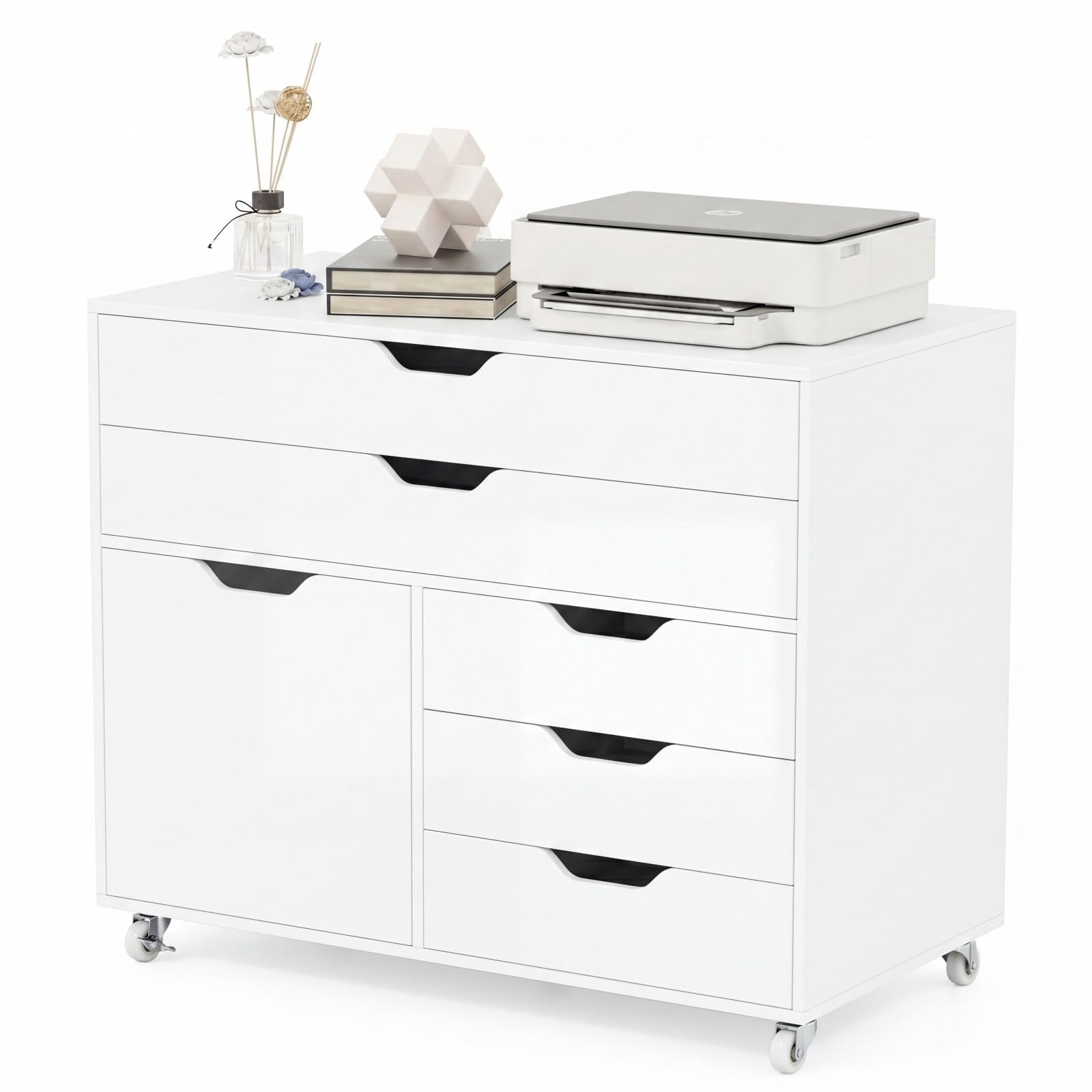 File Cabinet, Rolling Lateral Filing Cabinet with Wheels, 5 Drawers, Load 220...