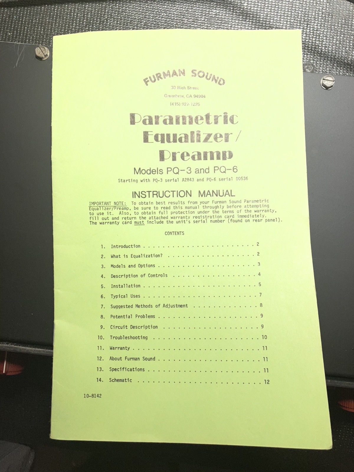 FURMAN SOUND PQ-6 VINTAGE PARAMETRIC EQUALIZER with original manual