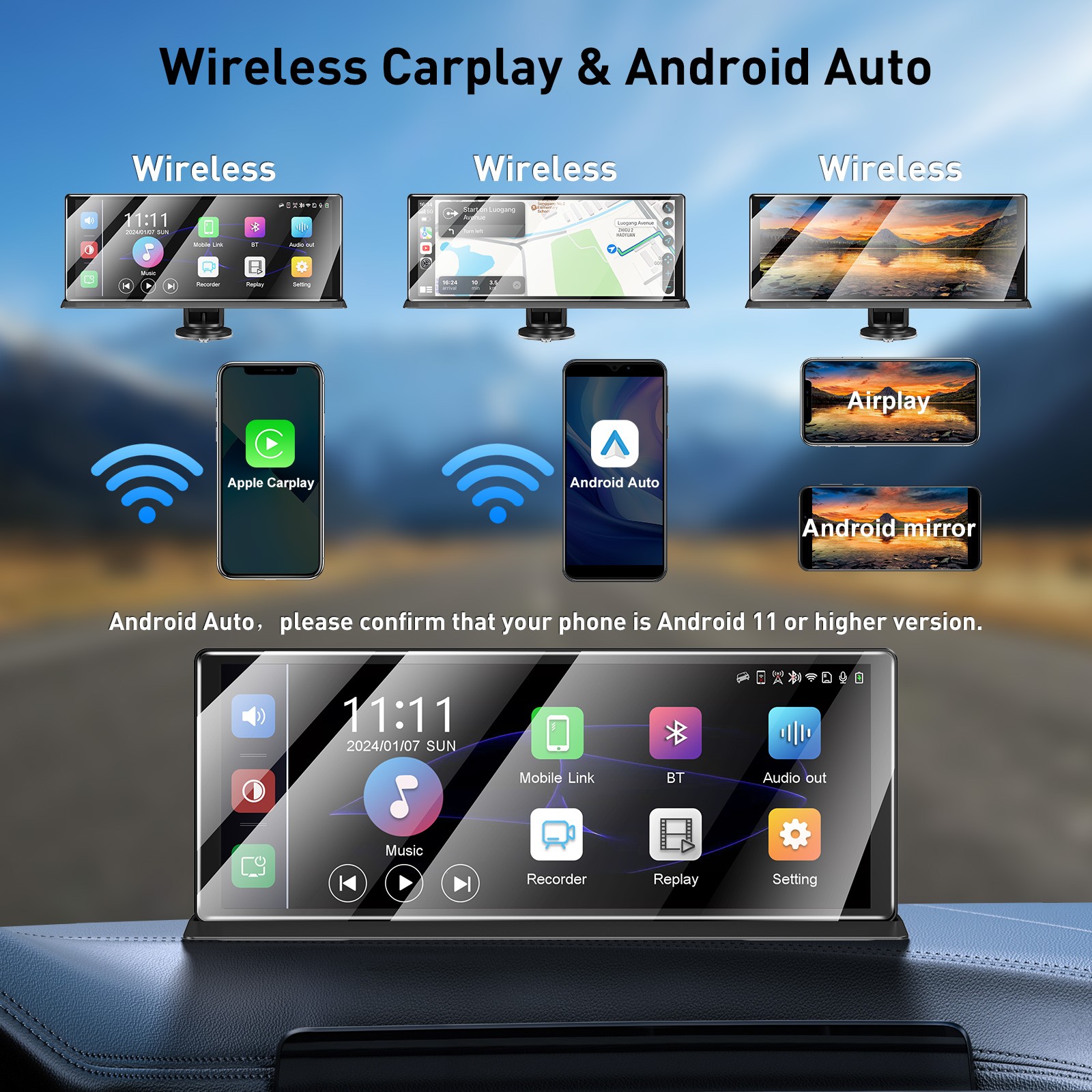 11.30" 4K Touch Screen Dash Cam Wireless Apple Carplay & Android Auto Car Stereo