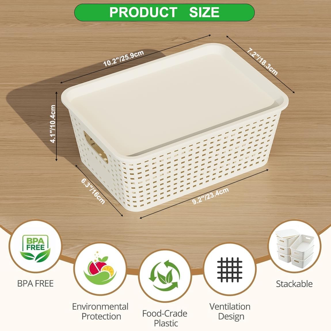 6 Pack Plastic Storage Baskets with Lids, Breathable Stackable Organizer Bins...