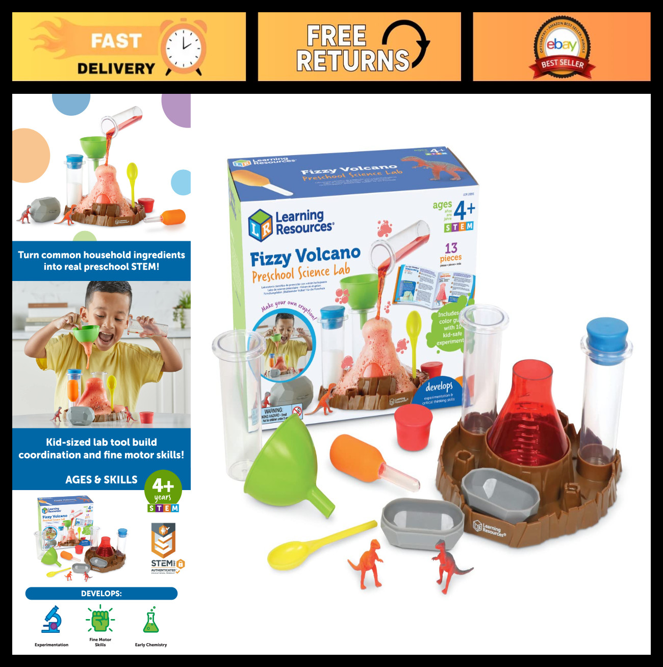 Fizzy Volcano Science Kit - 13 Pieces, STEM Experiments for Kids 4+, Preschool L