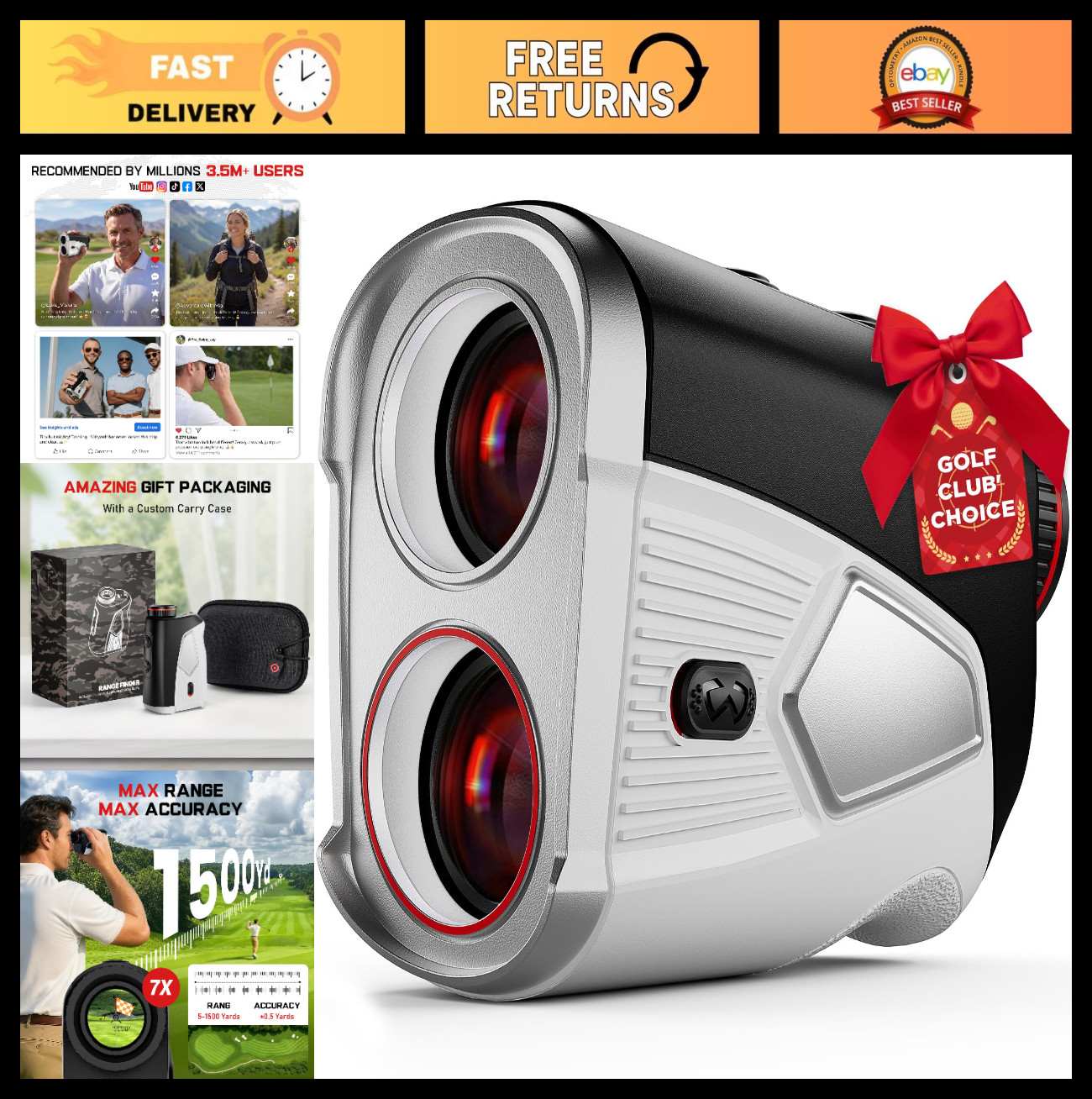 Fast Lock 1500 Yards Golf Rangefinder with Slope, 7X Magnification & Vibration
