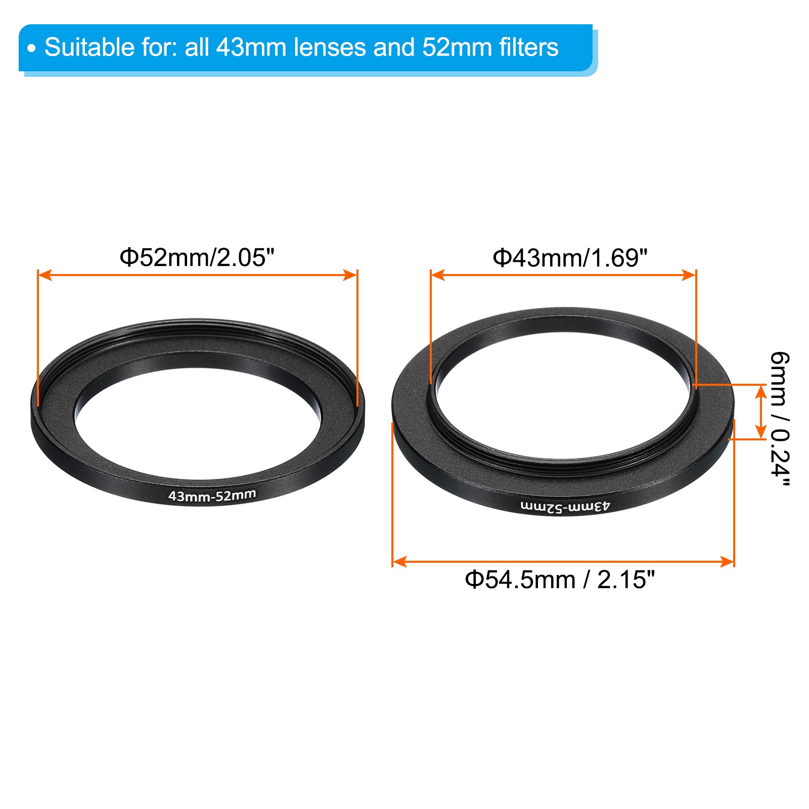 2Pack 43mm-52mm Metal Step Up Ring Camera Lens Filter Adapter Ring Black