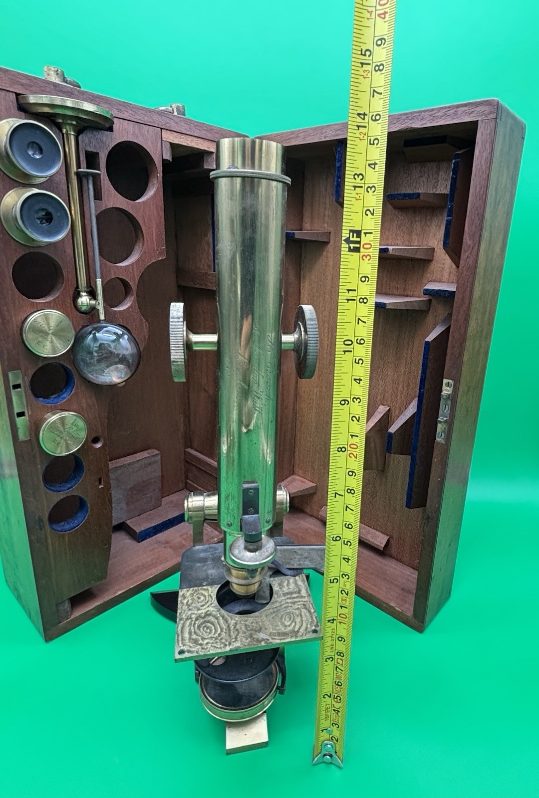c.1871 H. Crouch London Antique Brass Microscope #689 Case Accessories