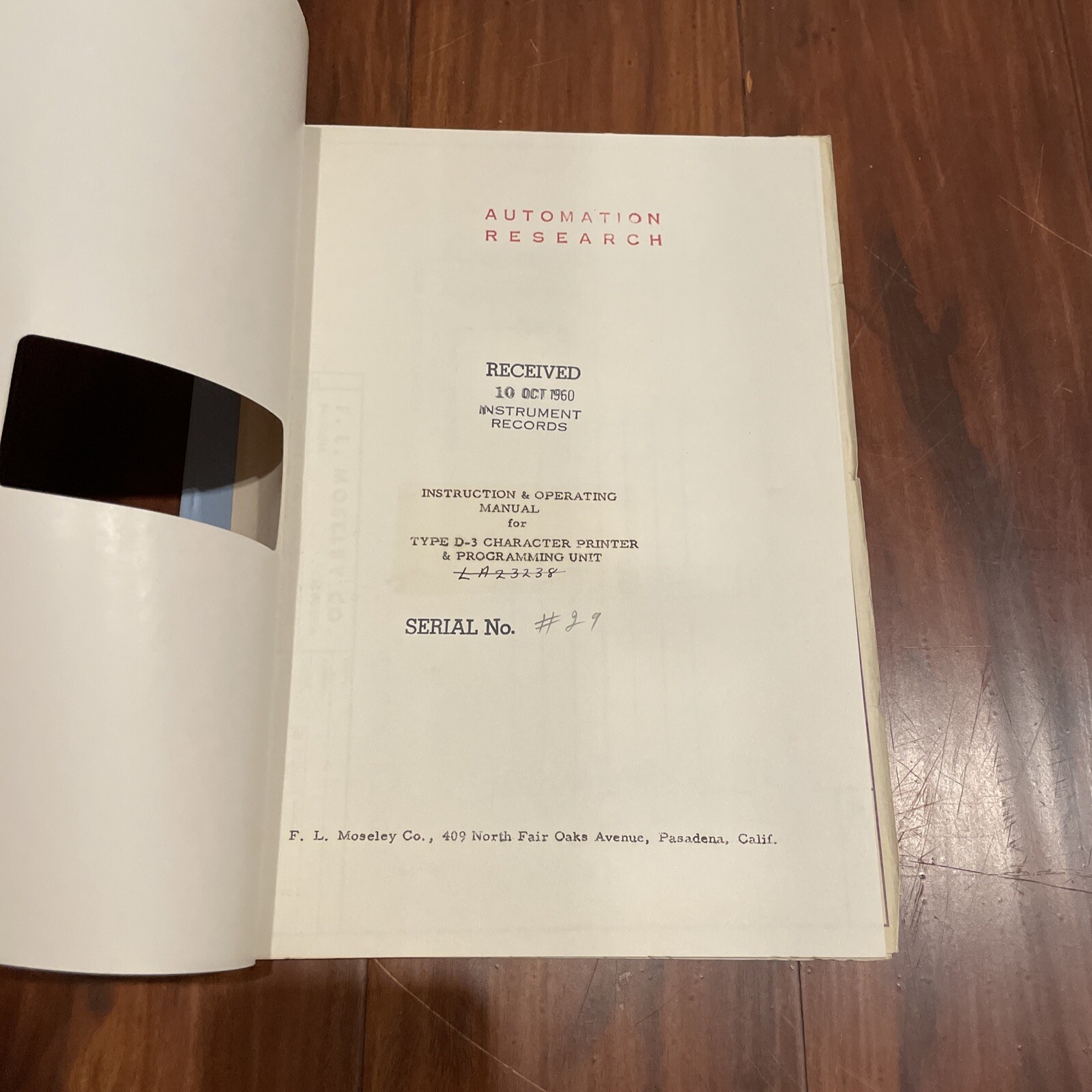 Moseley Autograf Type D-3 Character Printer & Programming Unit Operating Manual