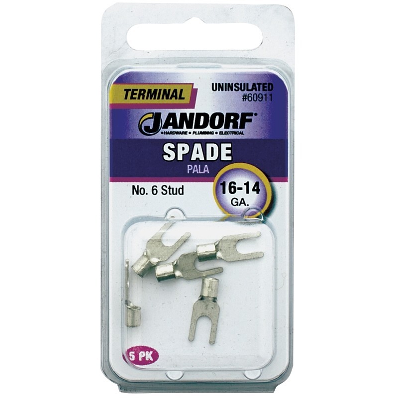 Jandorf 60911 Spade Terminal, 600 V, 16 to 14 AWG Wire, #6 Stud, Copper Contact,