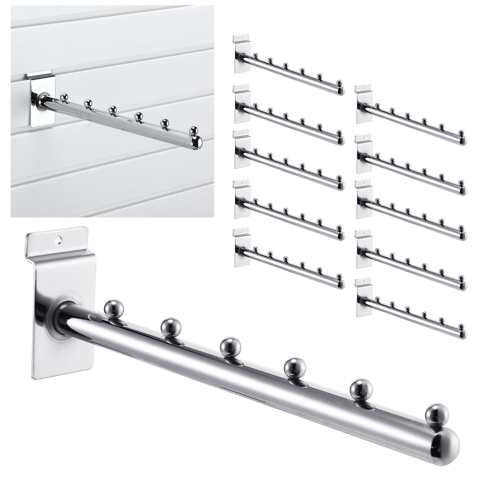 10 Pack 12 Inch Round 6 Ball Waterfall Slatwall Hooks Retail Display Silver