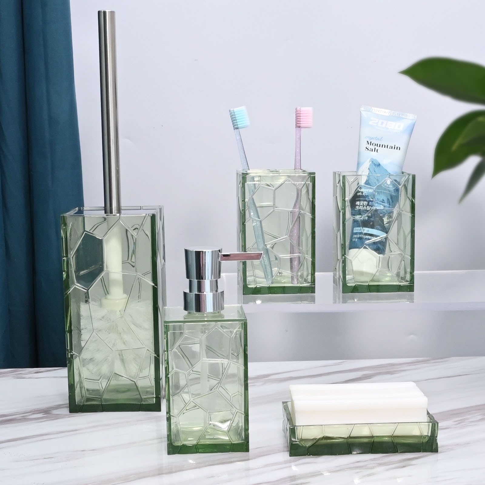 Modern Green Marble Acrylic Bathroom Set - 5PCS Kit with Lotion Dispenser