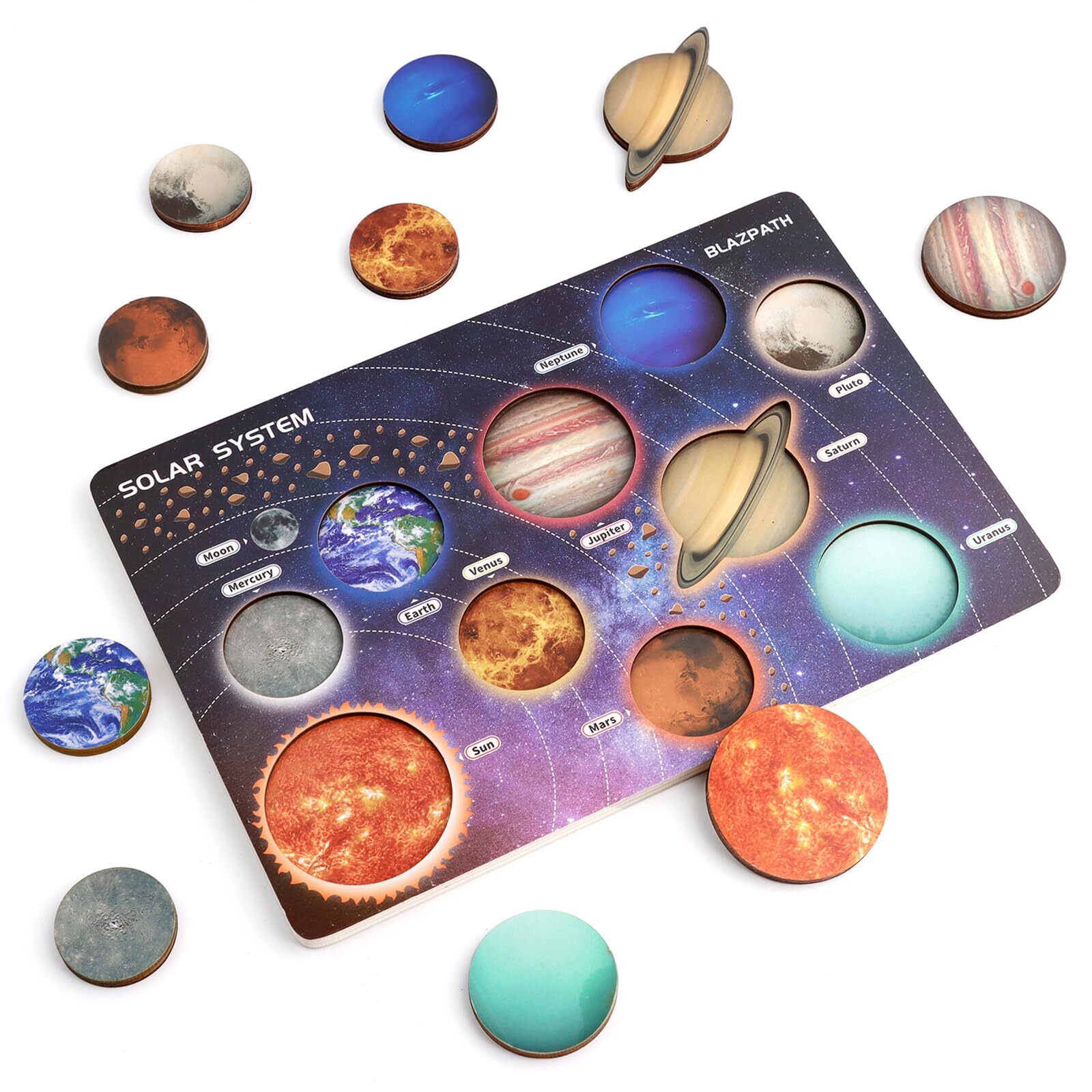 Wooden Solar System Puzzle for Kids 3-5 Montessori Planet Match Sensory Toy