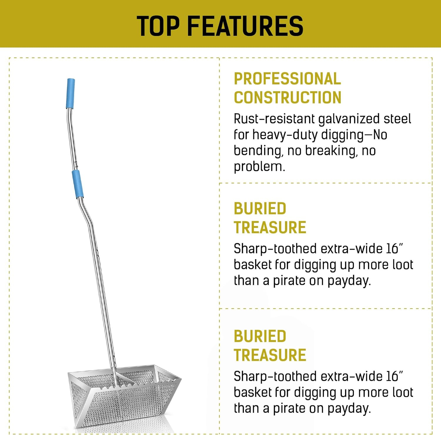 Heavy Duty 52" Sand Flea Rake with 16" Basket & Ergonomic Handle