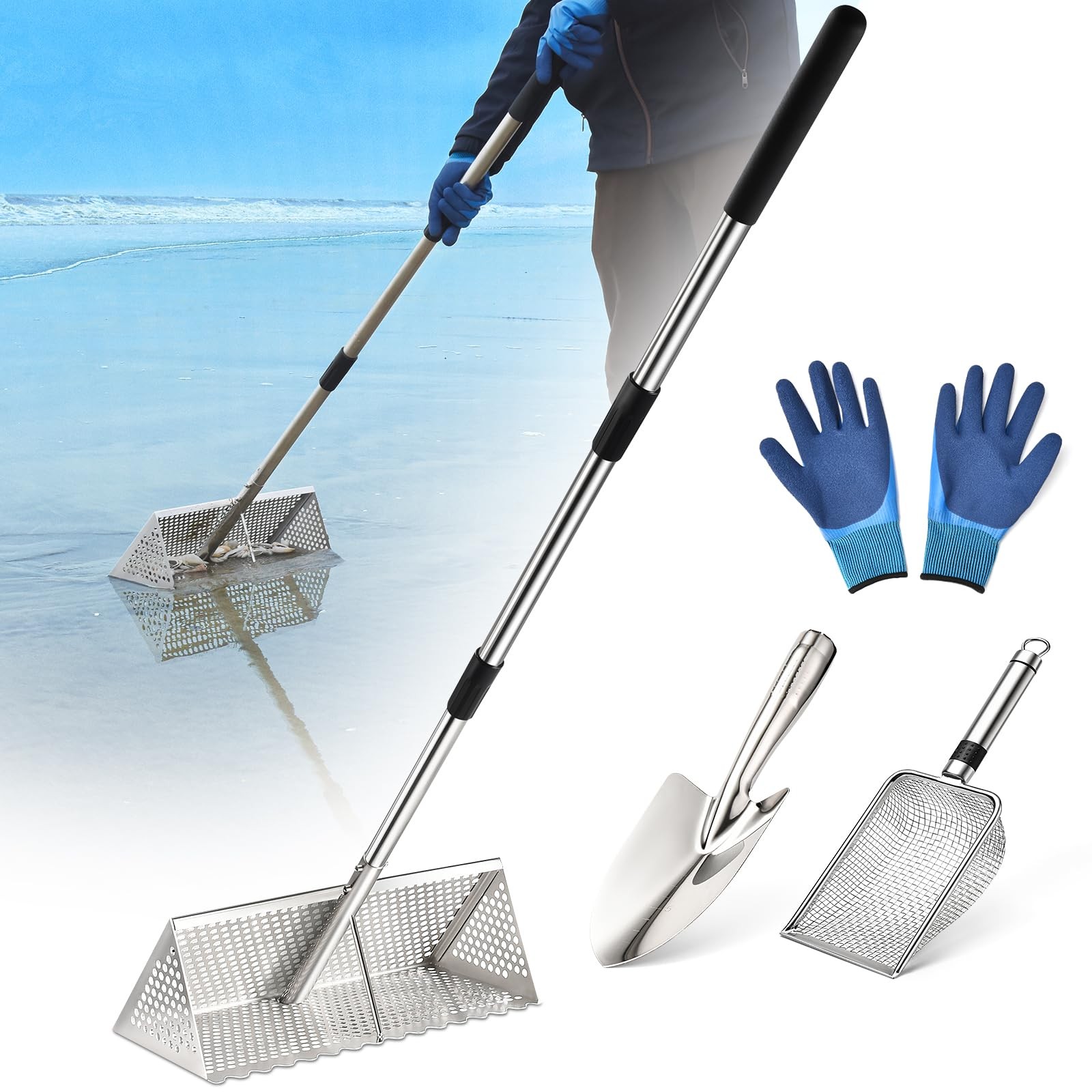 Long Handle Sand Flea Rake Beach Sifter Stainless Steel 16 Inch Mesh For Shark