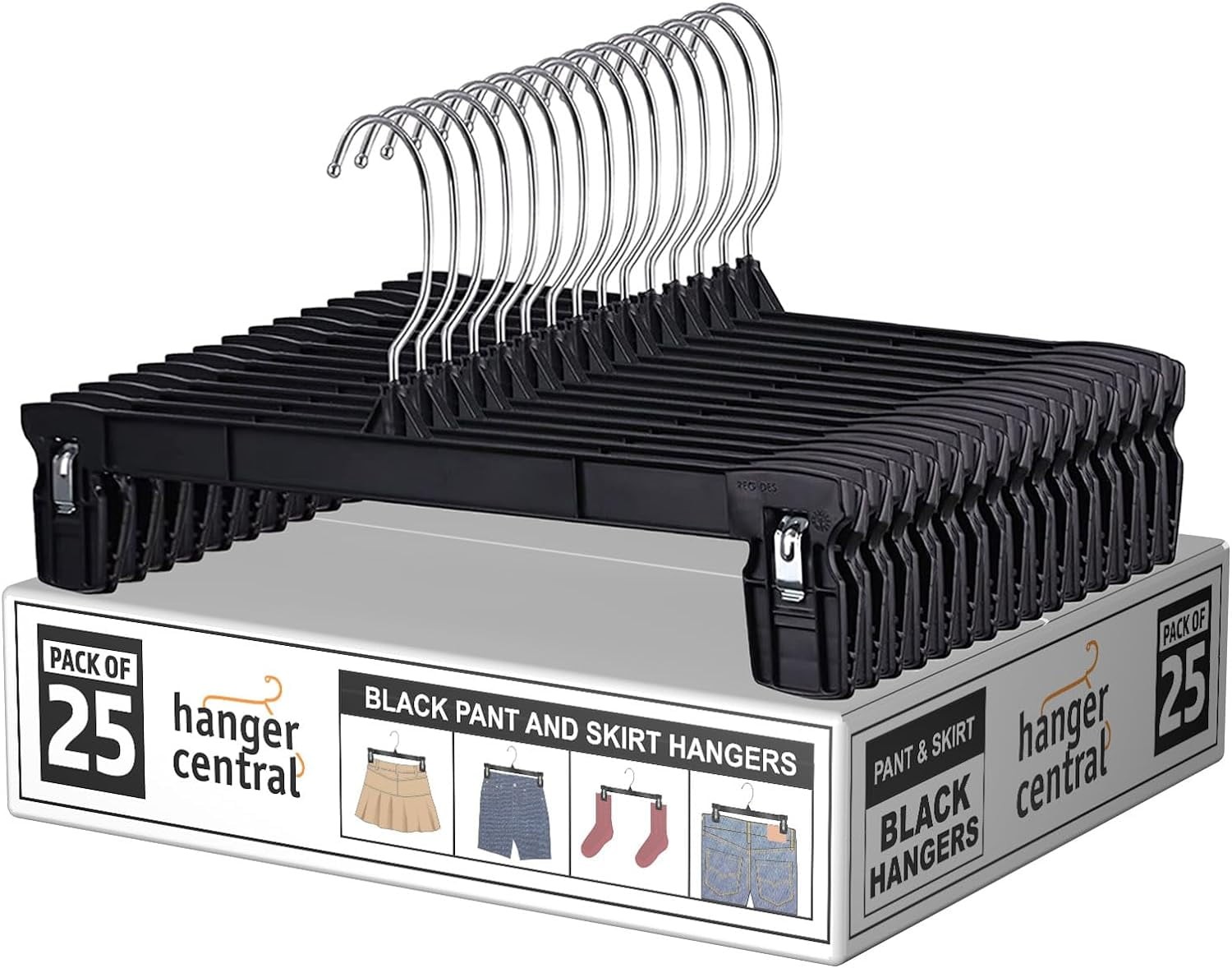 25 Pack 12 Inch Plastic Pants Hangers with Extra Long Clips in Black