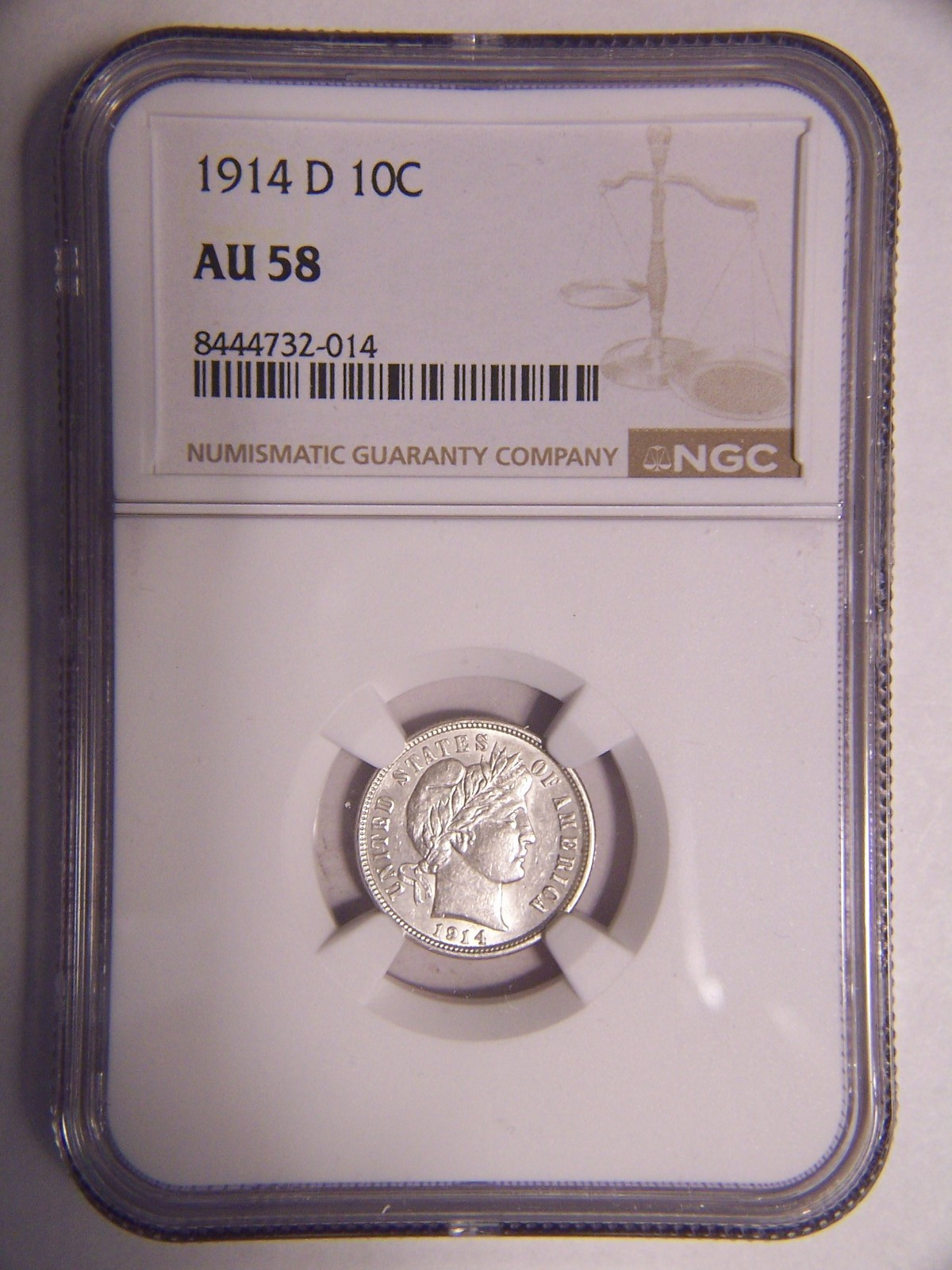 1914 D Barber Silver Dime AU 58 NGC
