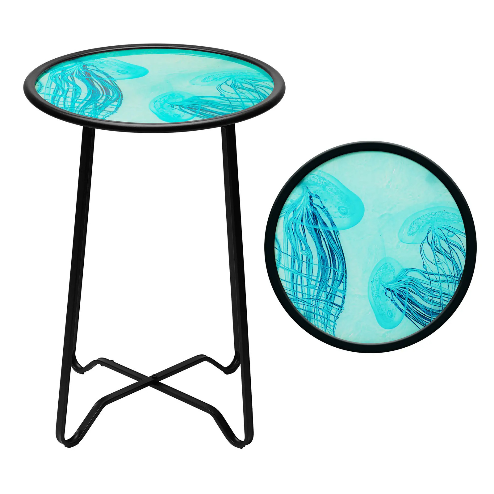 G128 14 in Round Glass Outdoor Side Table Jellyfish Ocean Pattern Plant Stand
