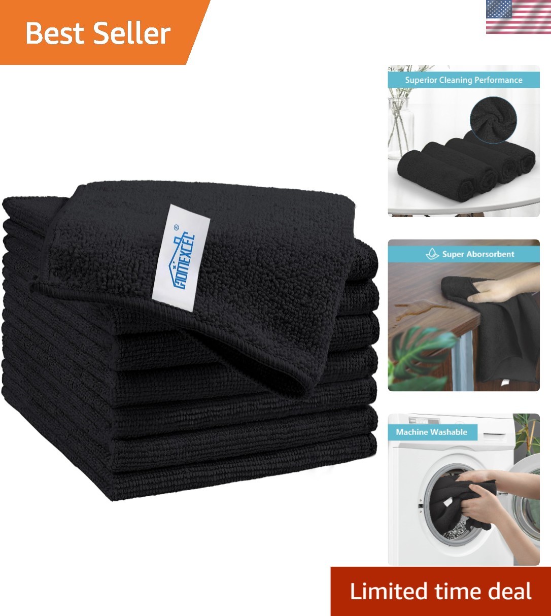 8 Pack Black Microfiber Cleaning Cloths: 11.5x11.5 Inch, Lint-Free & Reusable