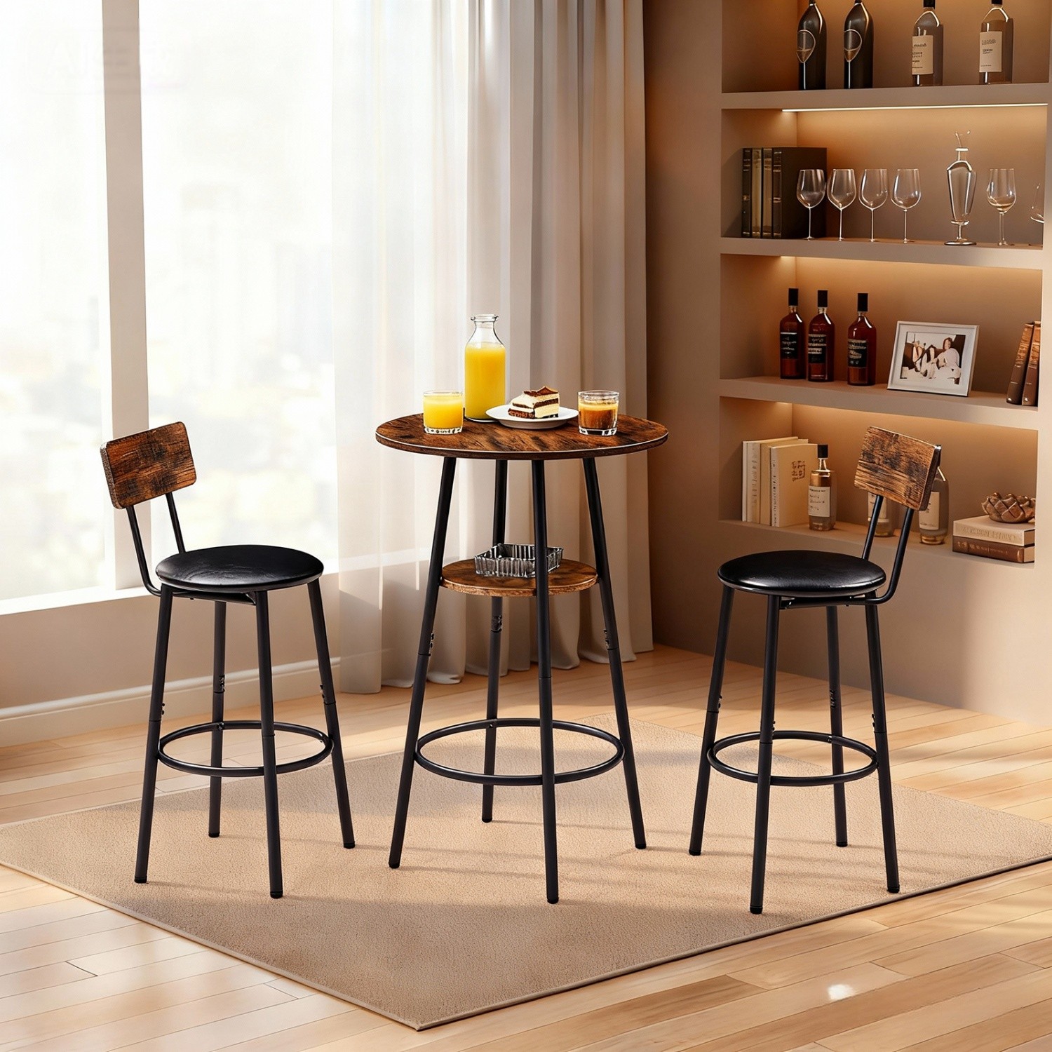 3 Piece Bar Table Set Round Counter Height Table w/ 2 PU Upholstered Bar Stool