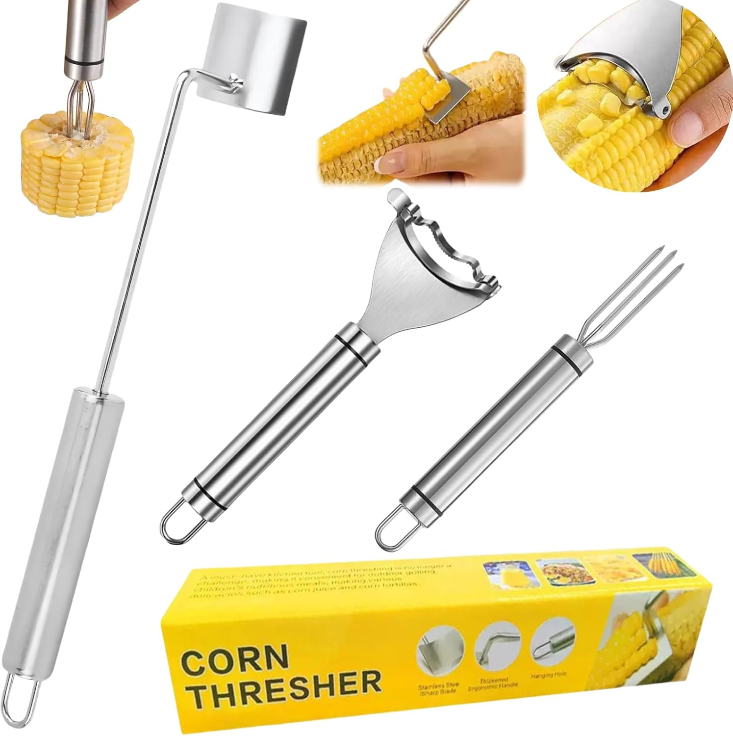 3PCS Corn Peeler Stainless Steel Corn Peeler, Stripper Tool and Corn Holder Set