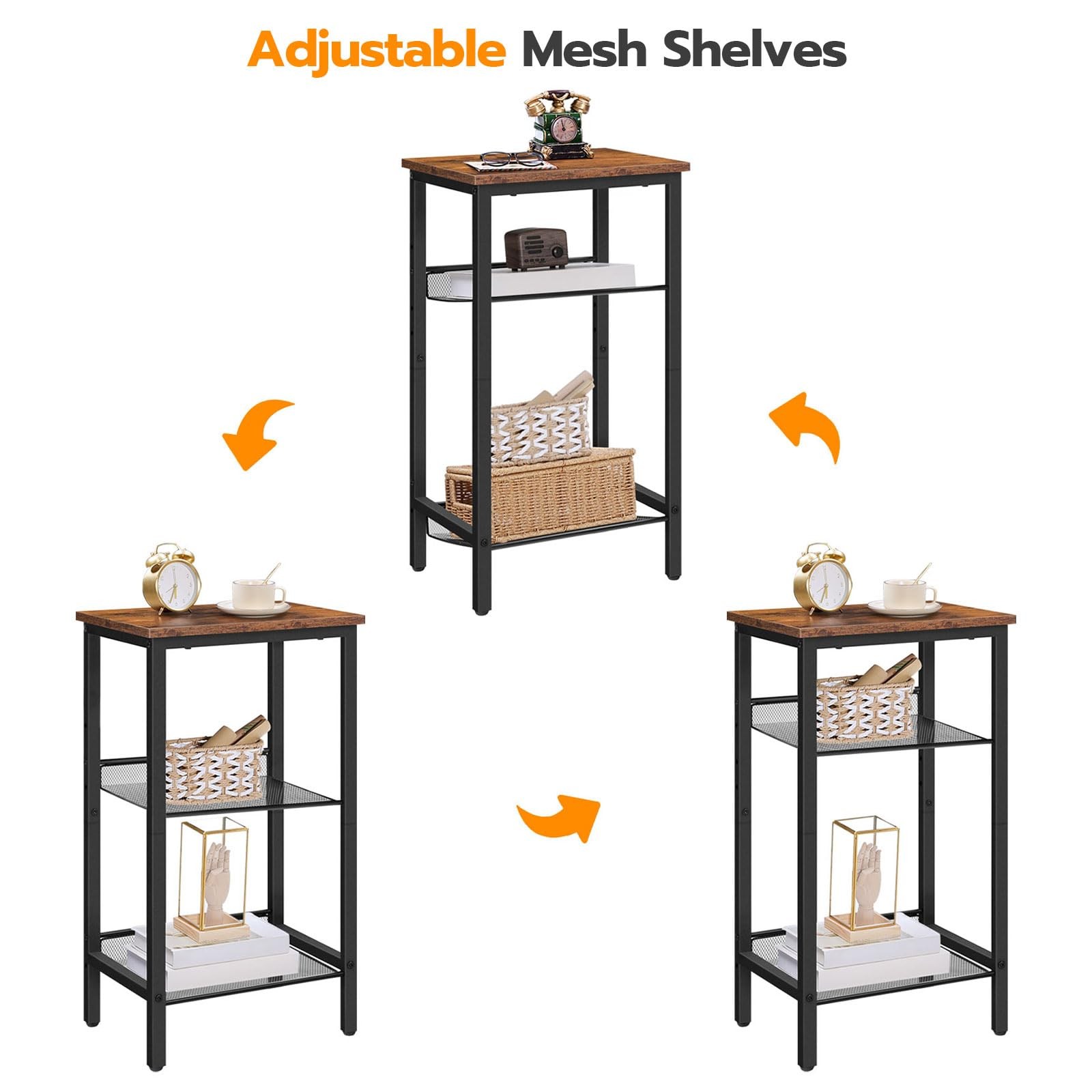 HOOBRO Side Table, Industrial End Telephone Table with Adjustable Mesh Shelves,