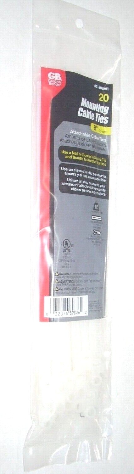 Gardner Bender 45-308MT White Mounting Zip Tie Cable Ties 8" Long 50 lb 20 pk