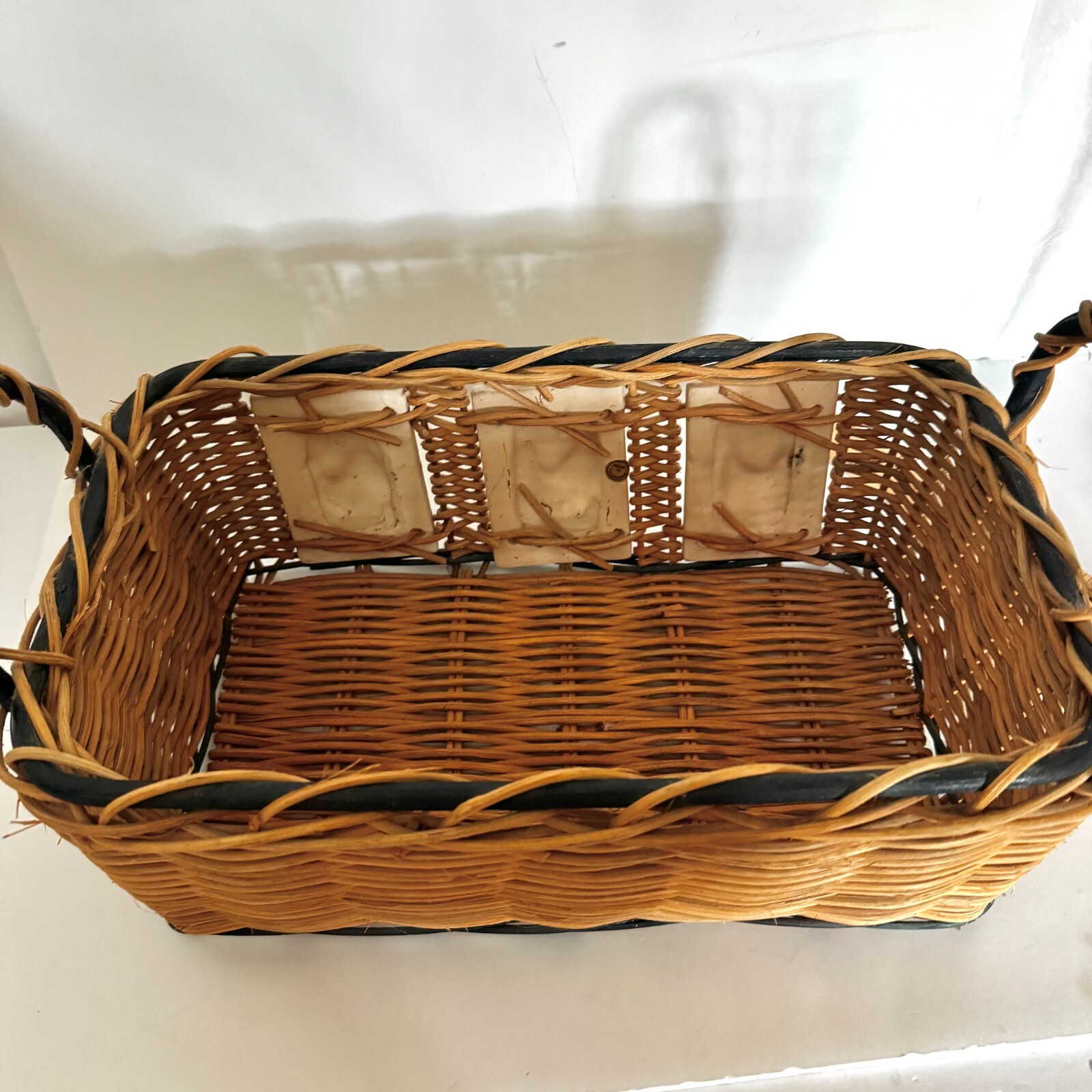 Decorative Wicker Basket with Rooster Ceramic Tiles Tan Rectangle Country