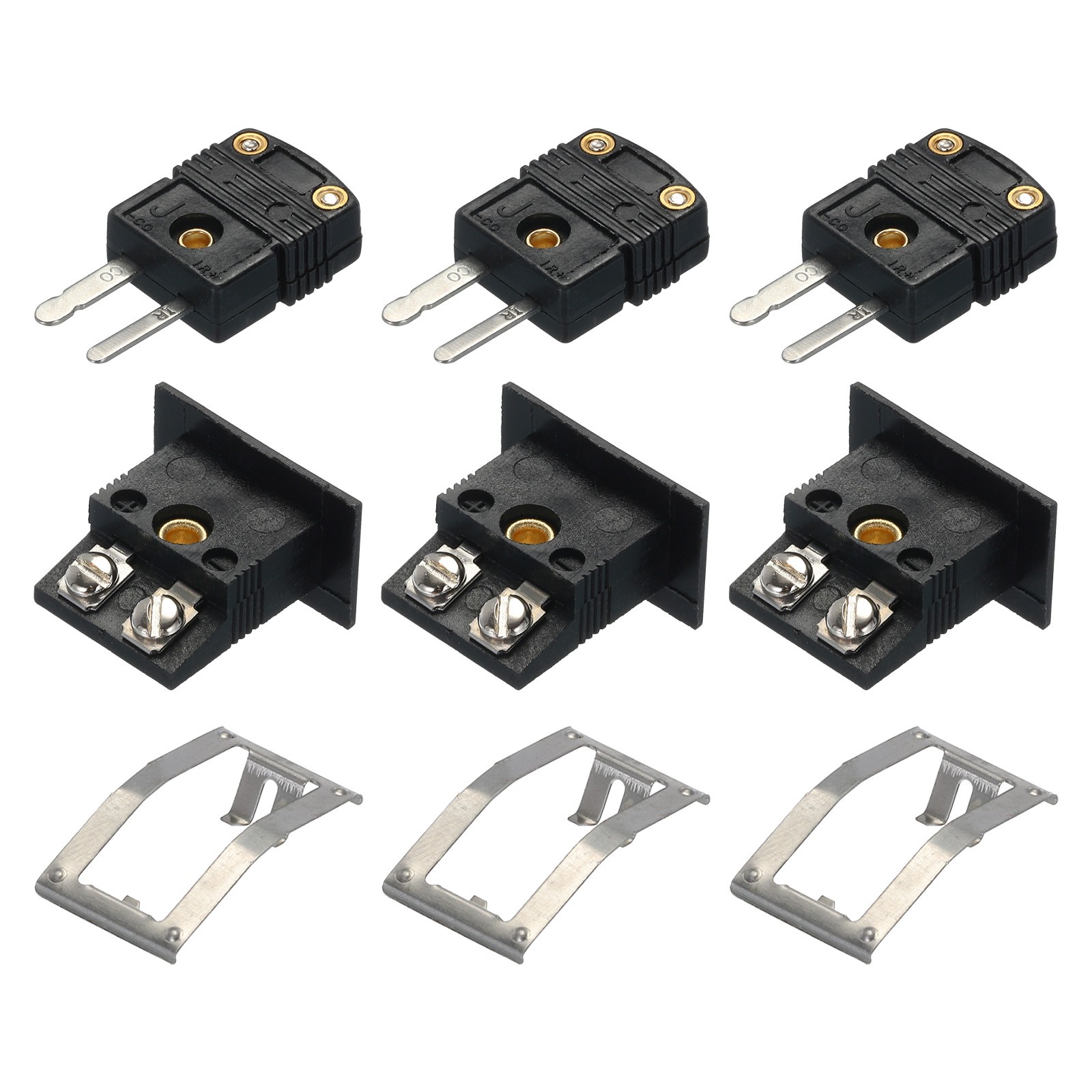 3 Set J Type Thermocouple Connectors Male Plug with Panel Mount Socket Black