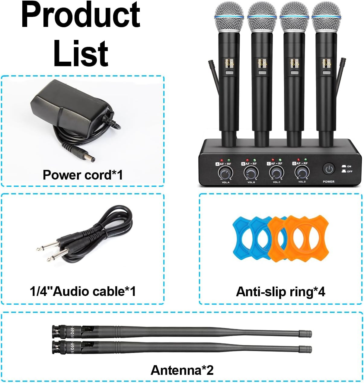 B-2000 Wireless Microphone System - 4 Handheld Mics for Karaoke & Events