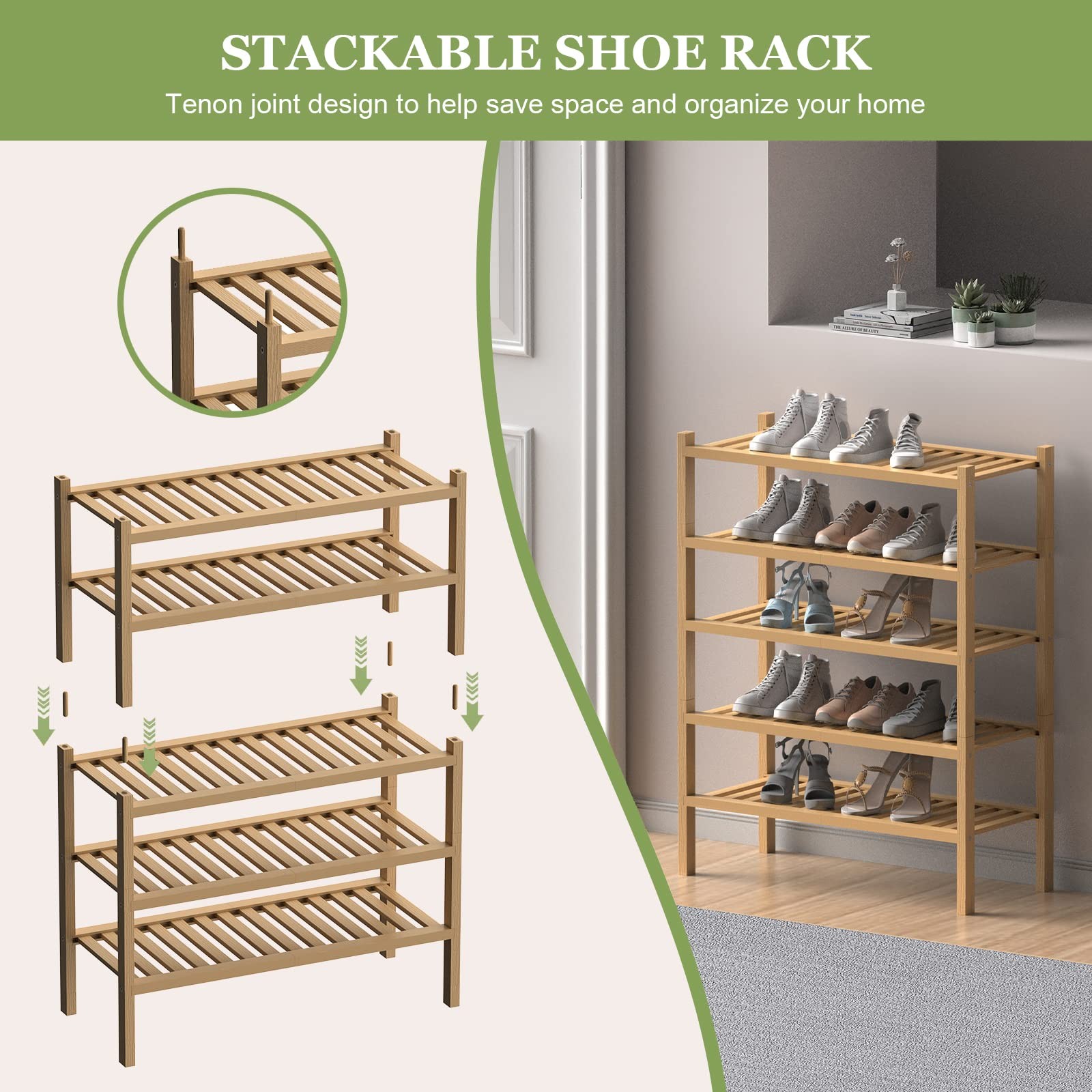 (Thick Bamboo Shoe Rack for Entryway, 3-Tier Free Standing Shoe Racks Stackab...