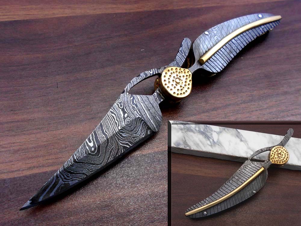 Damascus folding knife in exotic leaf shape engraved Damascus, Leather sheath
