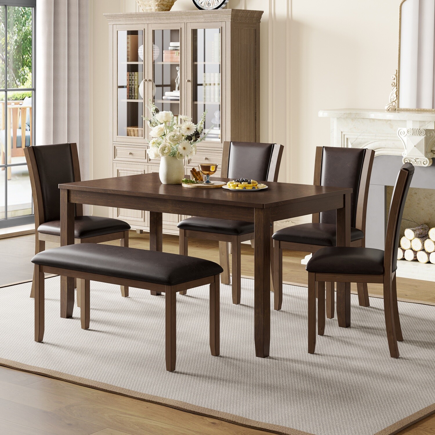 6-Piece Dining Table Set Wooden Dining Table w/ 4 Chairs & Bench for Dining Room